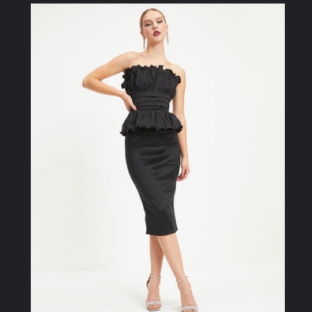 Black strapless midi dress